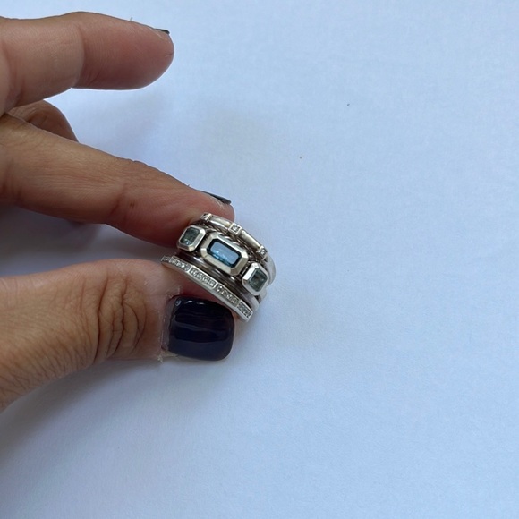 David Yurman Stax Five Ring Sterling Silver with Blue Topaz and Diamonds, 15mm - Picture 2 of 10